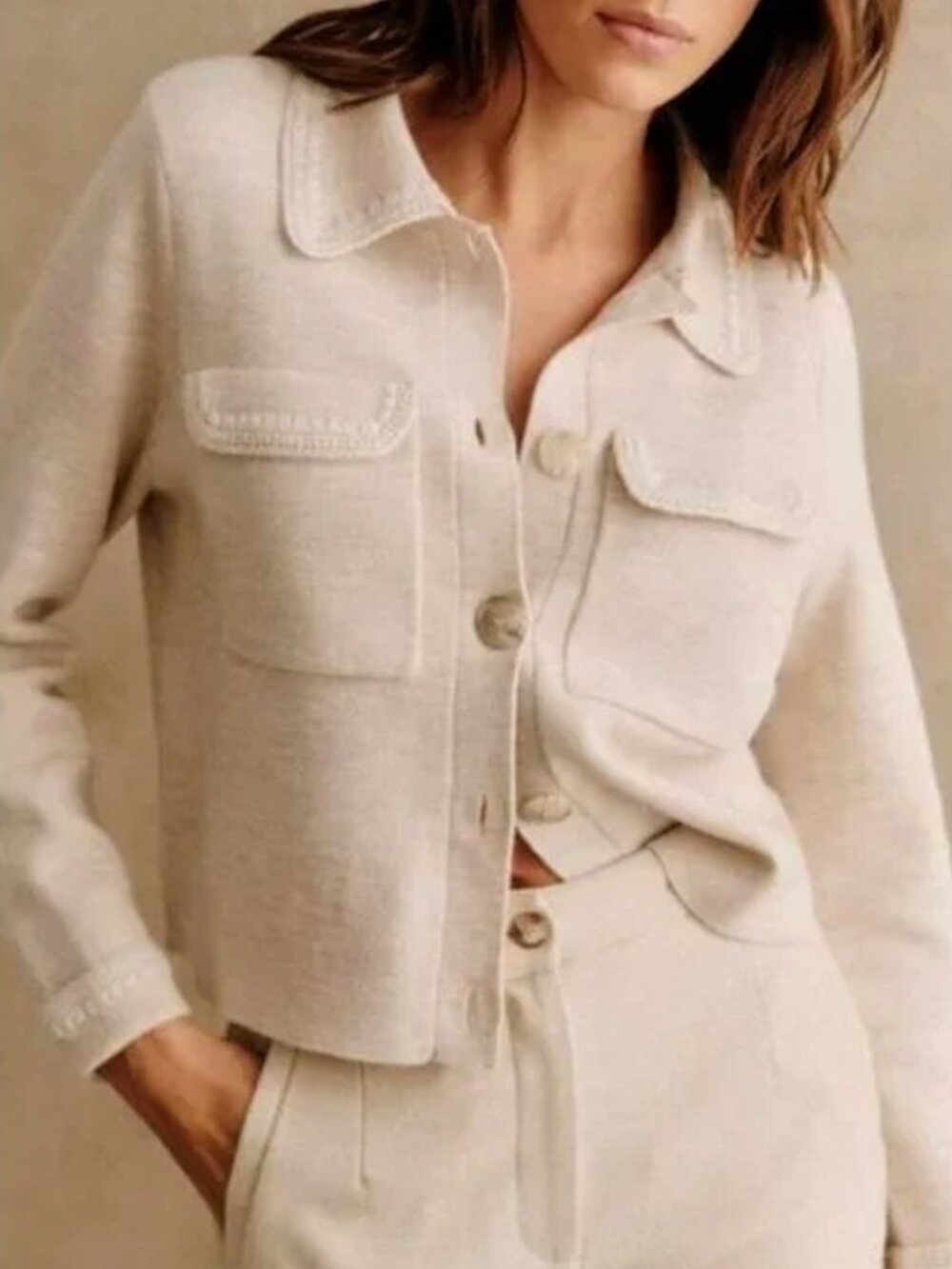 Sezane Betty Merino Wool Crochet Trim Cardigan Beige Smalll PREOWNED/USED